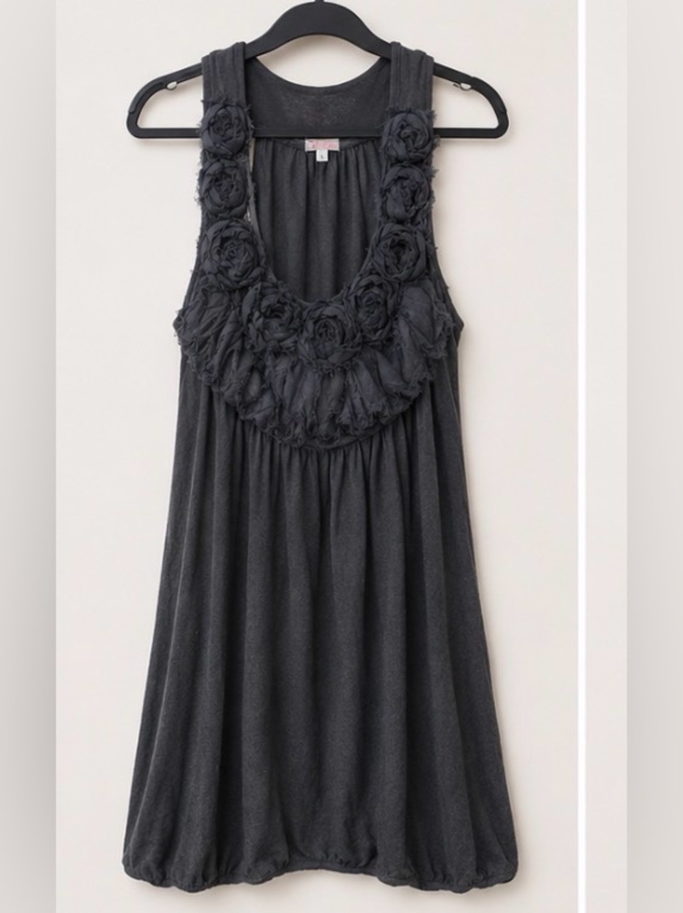 La Belle Chance Charcoal Floral Appliqué Bubble Hem Dress L